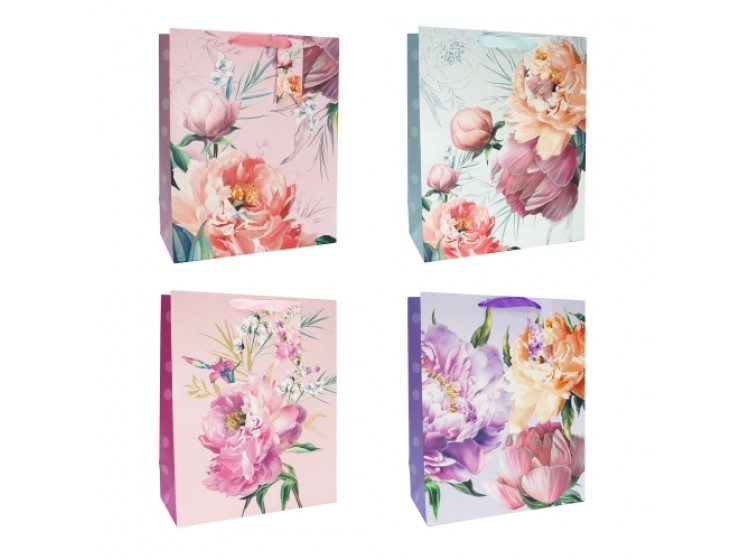 Пакет подарочный 18х23+10см Ламинированный люкс с глитером 4 диз х480 "Цветы" 12 шт/упак